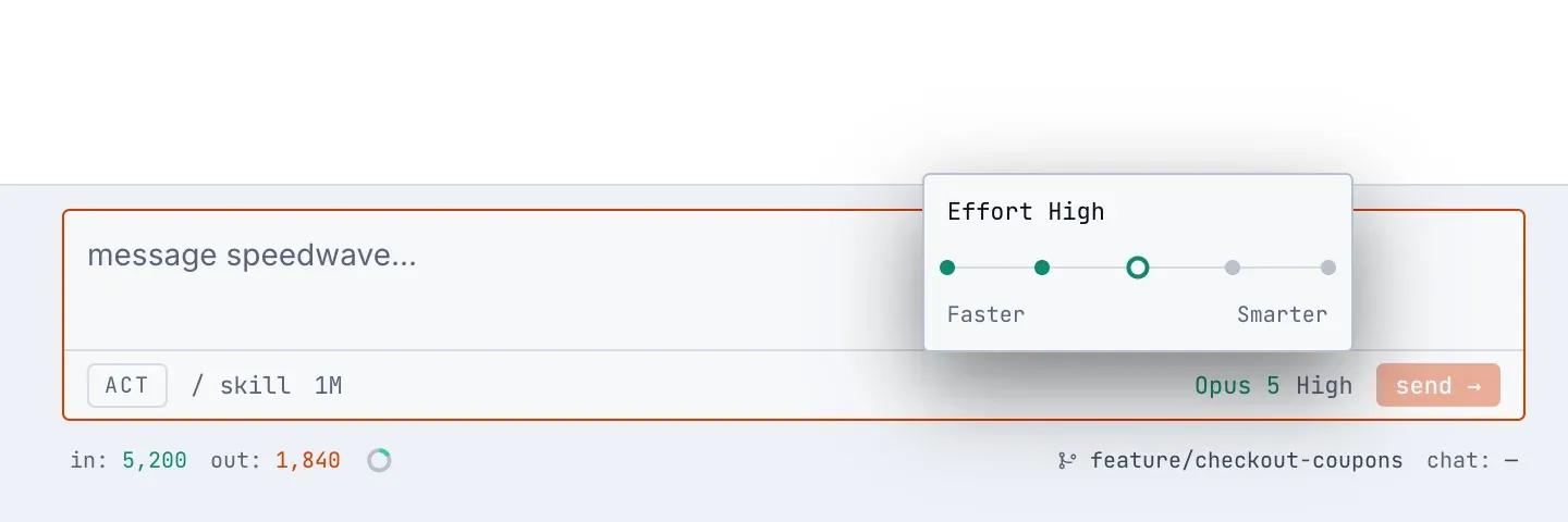 Suwak poziomu rozumowania nad composerem, ustawiony na High, z pięcioma stopniami od Faster do Smarter