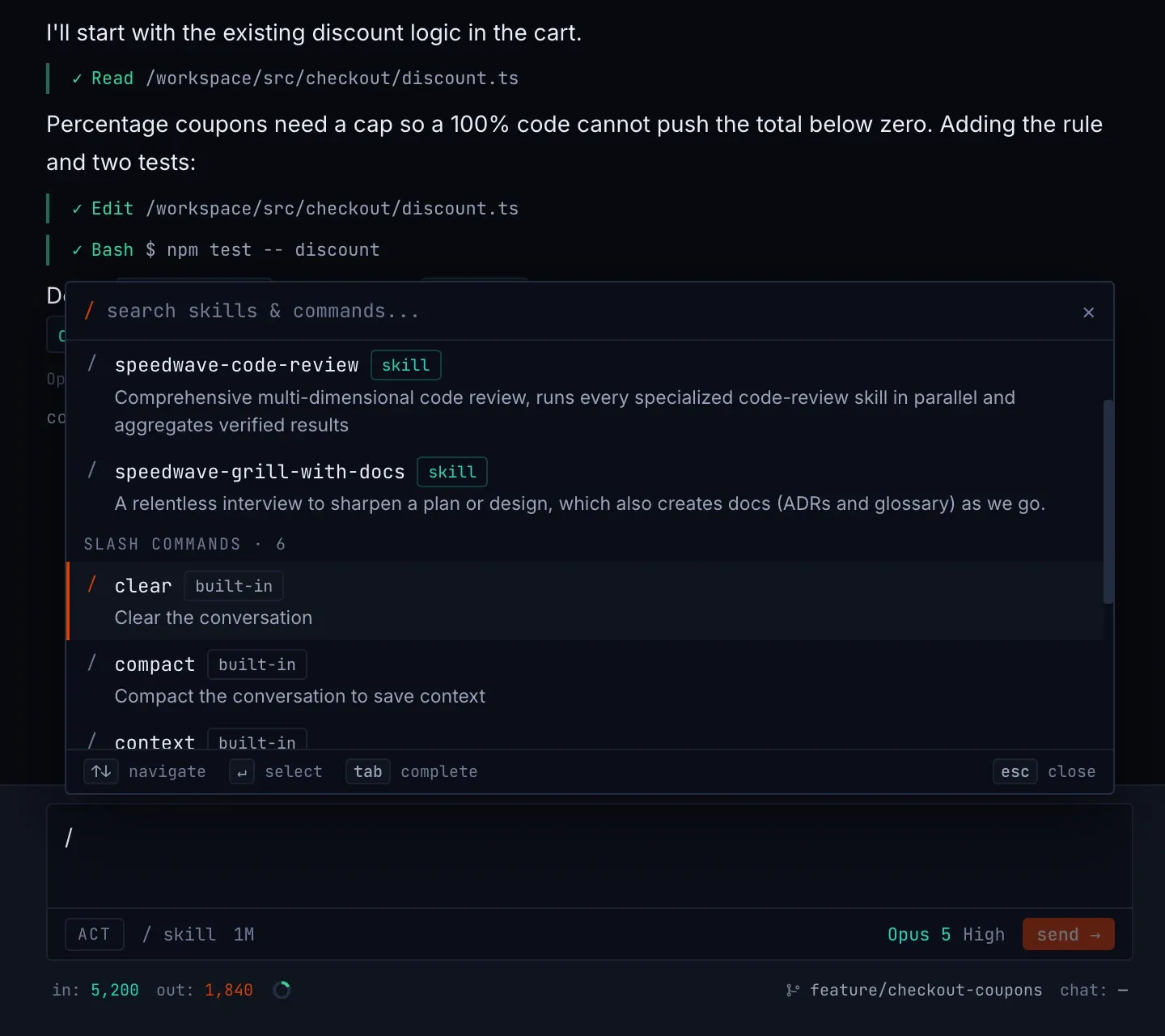 Menu / ze skillami speedwave- nad wbudowanymi poleceniami clear, compact i context
